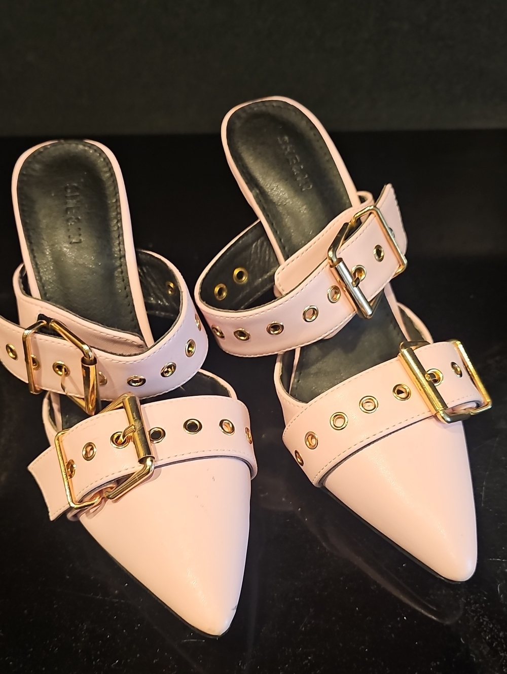 Pointed Pink Buckle Mules with Gold Accents